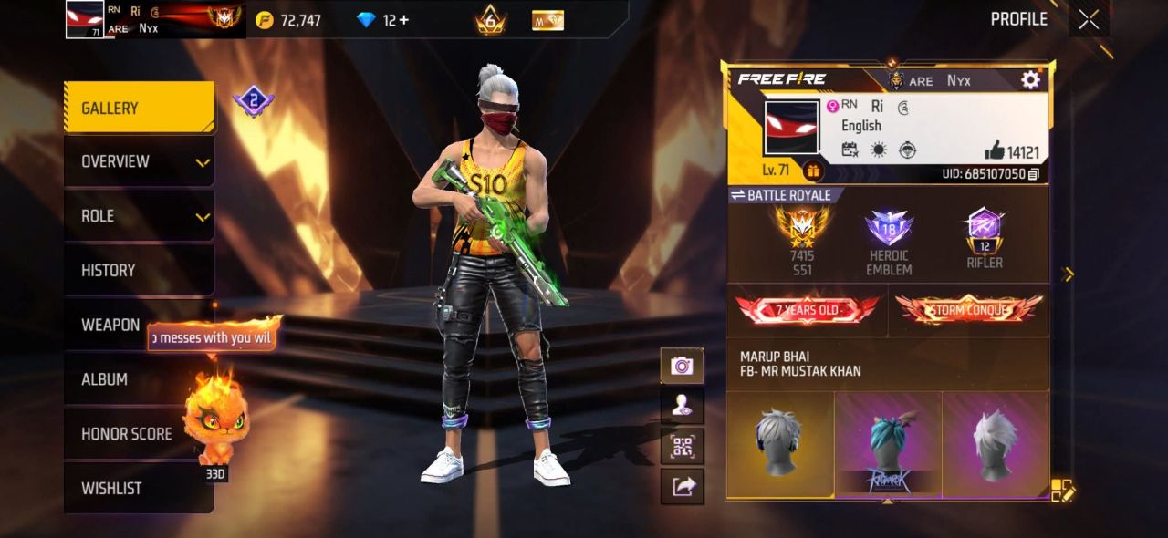 FF Account Lvl 71 | Prime 6 | Heroic + Rifler | 4 Artifact + 69 Mythic | 465 Weapons | Rich Vault (Fashion 258 + Skill Skins 534) | 7 Years Old | BD Server Sold FF ID