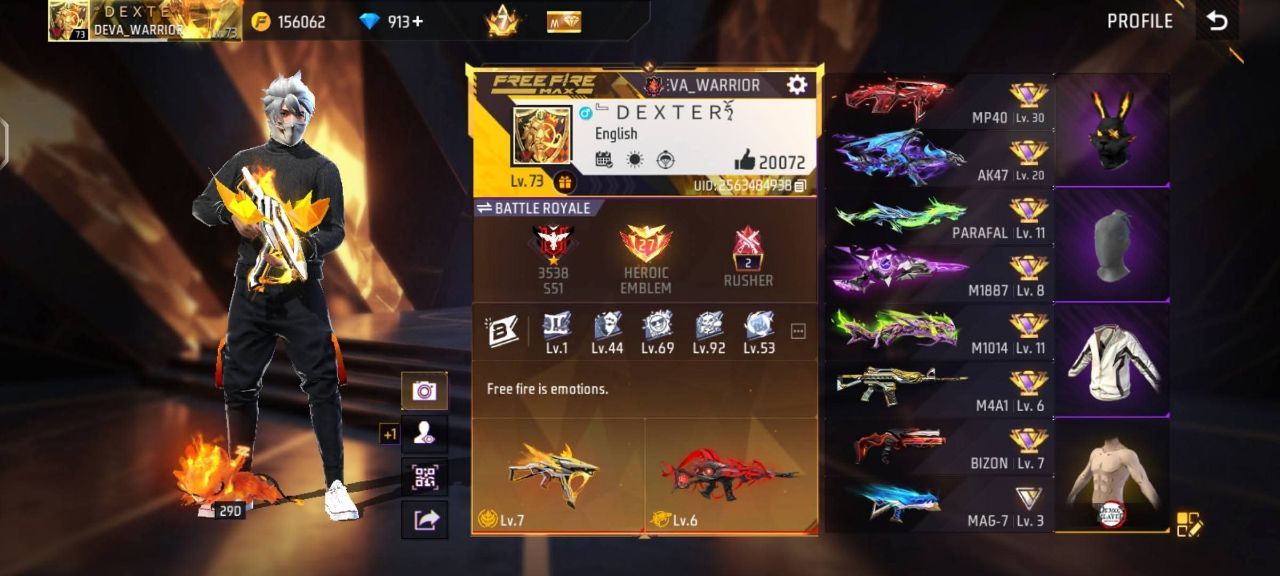 FF Account Lvl 73 | Prime 7 | Heroic + Rusher | 12 Artifact + 106 Mythic | 577 Weapons | Ultra Rich Vault | BD Server Free Fire Account Bangladesh