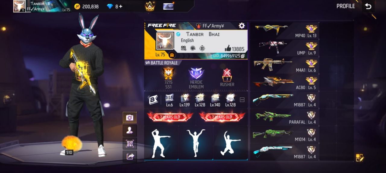 FF Account Lvl 75 | Prime 6 | 7 Artifact + 70 Mythic | 451 Weapons | 504 Collection | 13K Likes | 7 Years Old | BD Server Sold FF ID