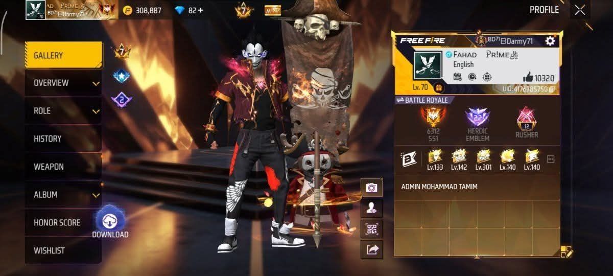 FF Account Lvl 70 | Prime 7 | Heroic + Rusher (12) | 7 Artifact + 79 Mythic | 426 Weapons | Rich Vault | BD Server Free Fire Account Bangladesh