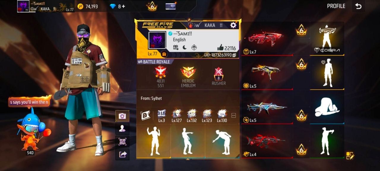 FF Account Lvl 77 | Prime 6 | Heroic + Rusher (8) | 6 Artifact + 80 Mythic | 498 Weapons | Ultra Rich Vault | BD Server Free Fire Account Bangladesh