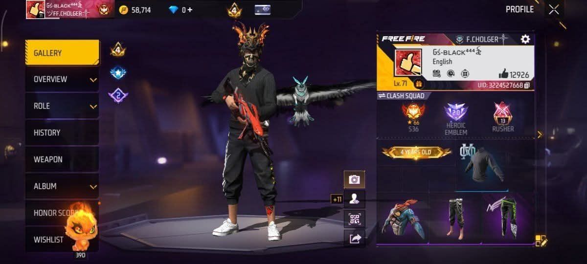 FF Account Lvl 71 | Prime 4 | Heroic + Rusher (19) | 8 Artifact + 54 Mythic | 375 Weapons | Rich Vault | BD Server Free Fire Account Bangladesh