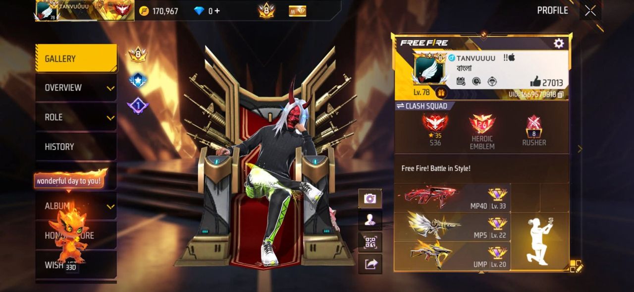 FF Account Lvl 78 | Prime 8 | 524 Weapons | Heroic Emblem Free Fire Account Bangladesh