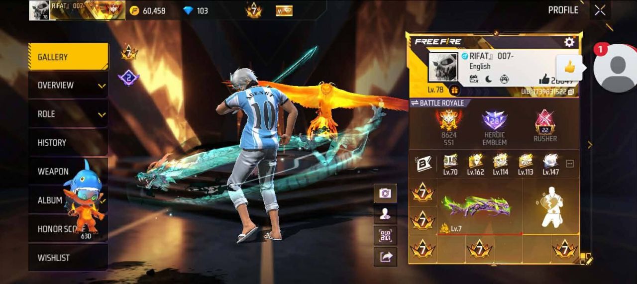 FF Account Lvl 78 | Prime 7 | 593 Weapons | Heroic Emblem Sold FF ID