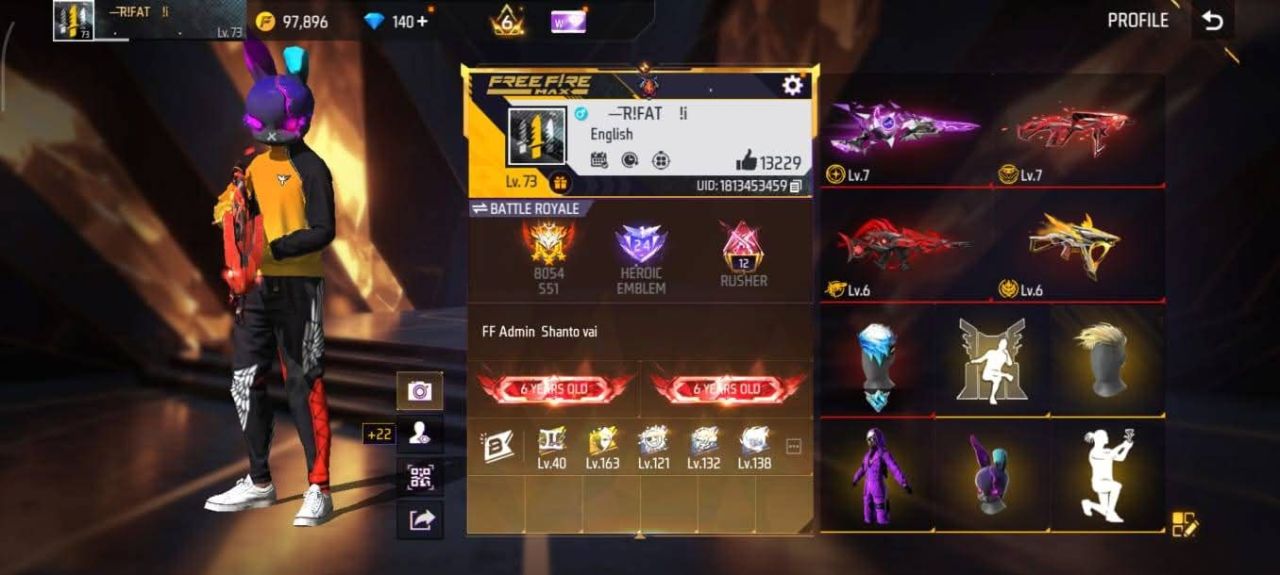 FF Account Lvl 73 | 529 Weapons | Heroic Emblem | 6 Years Old | Rich Vault Free Fire Account Bangladesh