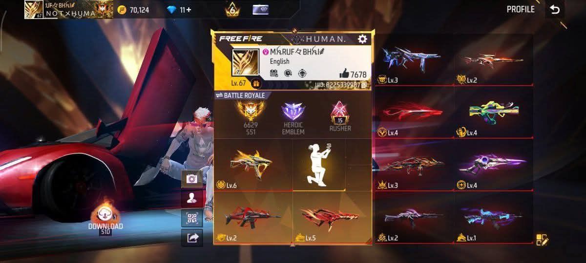 FF Account Lvl 67 | Heroic Emblem | 253 Weapons | Good Evo Guns Free Fire Account Bangladesh