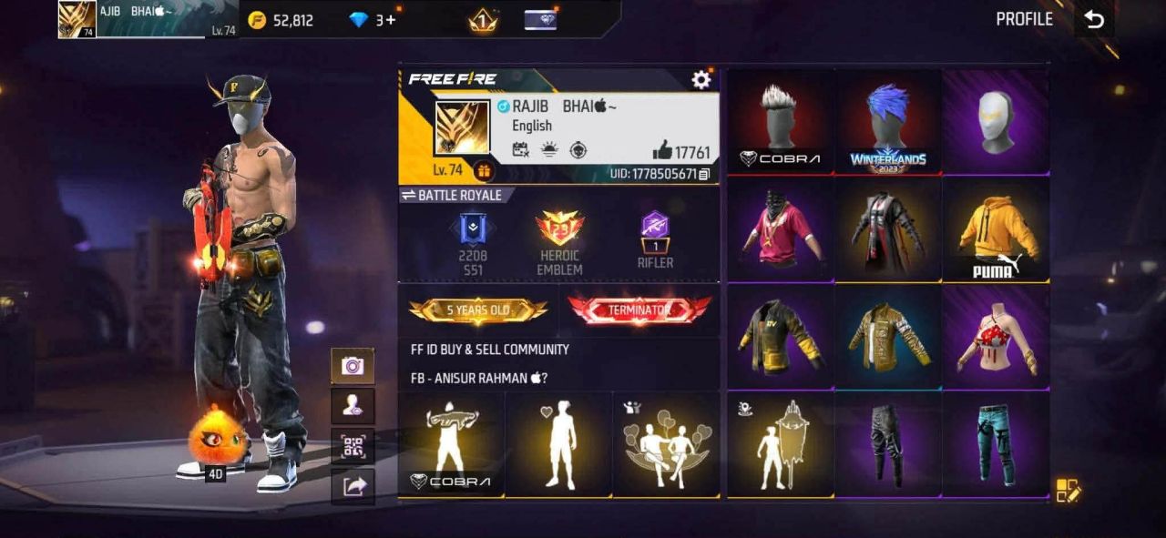 FF Account Lvl 74 | Heroic Emblem | 445 Weapons (9 Artifact) | Rich Vault Free Fire Account Bangladesh