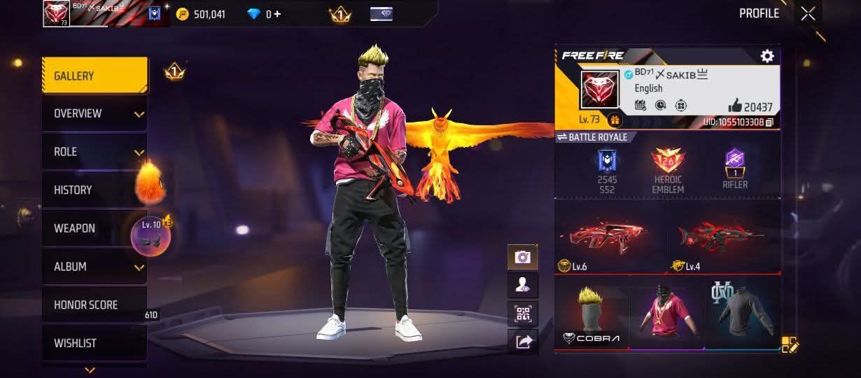 FF Account Lvl 73 | Heroic + Rusher | 7 Artifact + 69 Mythic | 421 Weapons | Rich Vault (Fashion 200 + Emotes 229) | BD Server Free Fire Account Bangladesh