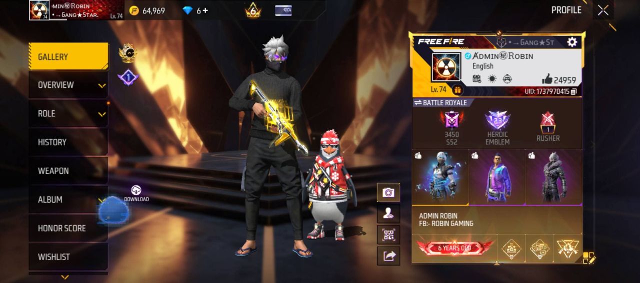 FF Account Lvl 74 | 6 Years Old | 5 Artifact + 67 Mythic | 467 Weapons | Super Rich Vault (Fashion 197 + Emotes 215) | BD Server Free Fire Account Bangladesh