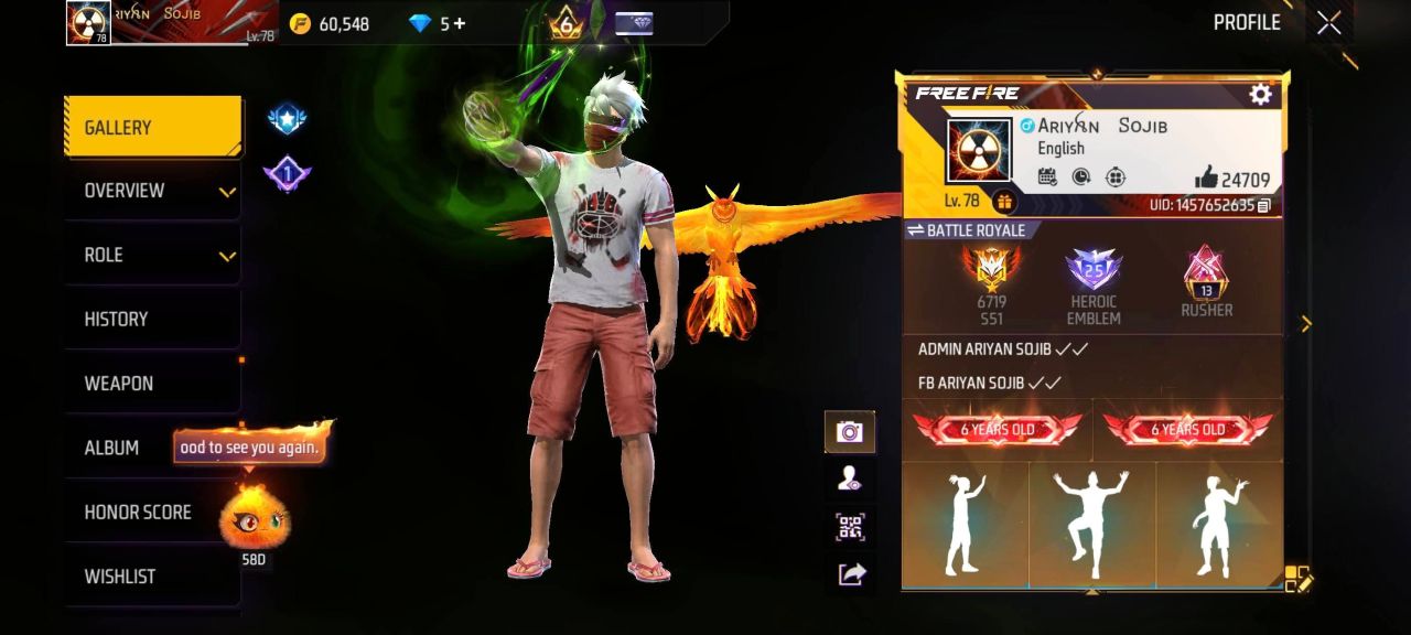 FF Account Lvl 78 | 12 Artifact + 77 Mythic | 498 Weapons | Rich Vault (Fashion 238 + Emotes 254) | Heroic + Rusher | 6 Years Old | BD Server Free Fire Account Bangladesh