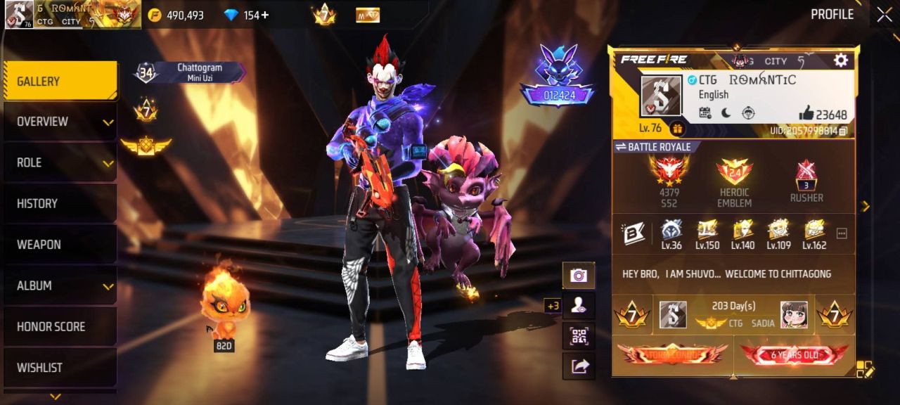 FF Account Lvl 76 | 13 Artifact + 78 Mythic | 502 Weapons | Rich Vault (Fashion 217 + Emotes 241) | Heroic + Rusher | BD Server Free Fire Account Bangladesh