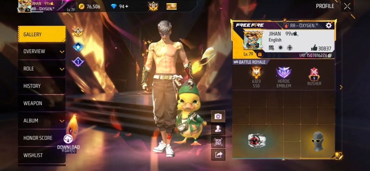 FF Account Lvl 79 | Prime 8 | 16 Artifact + 117 Mythic | 656 Weapons | Rich Vault | Heroic + Rusher | BD Server Free Fire Account Bangladesh