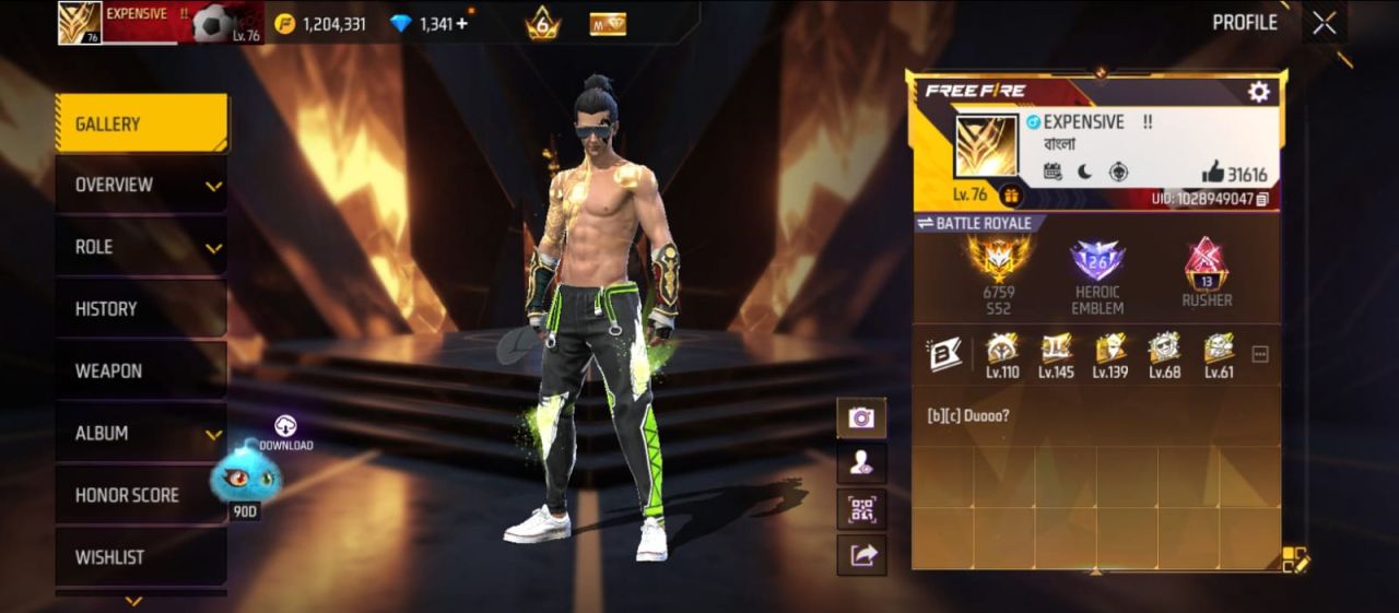 FF Account Lvl 76 | Prime 6 (প্রায় 7) | 516 Weapons | High Gold + Diamonds Free Fire Account Bangladesh