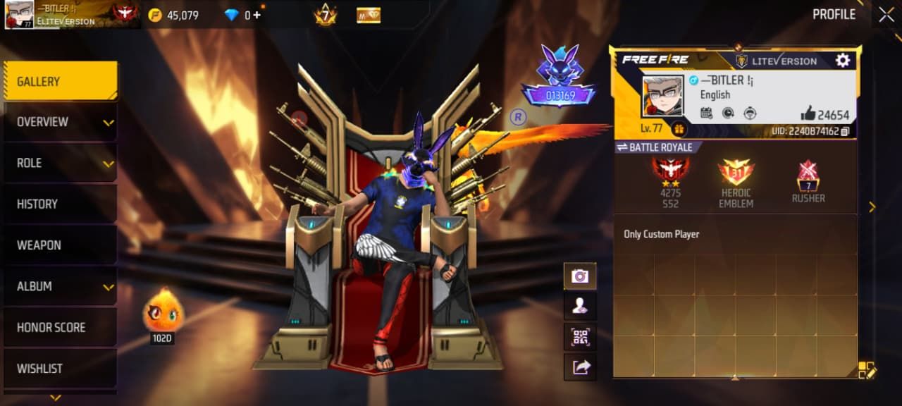 FF Account Lvl 77 | Prime 7 | 494 Weapons | Top Collection Free Fire Account Bangladesh