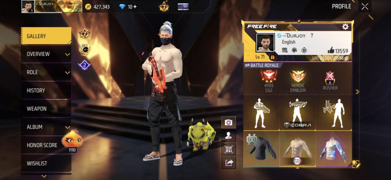 FF Account Lvl 71 | Prime 7 | 439 Weapons | High Gold + Collection Free Fire Account Bangladesh